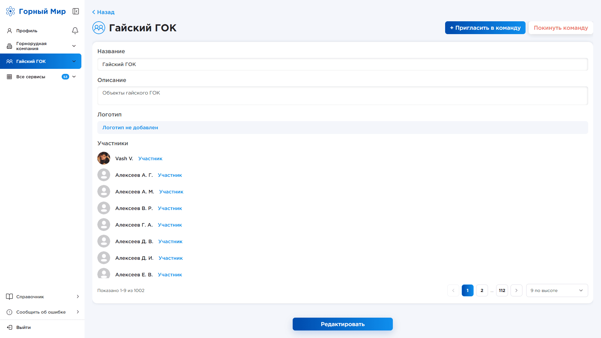 Интерфейс платформы: Организация, команда и роли